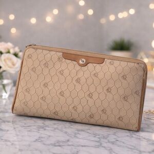 Dior Cannage (Honeycomb) Pouch – Beige Canvas with Brown Leather Trim